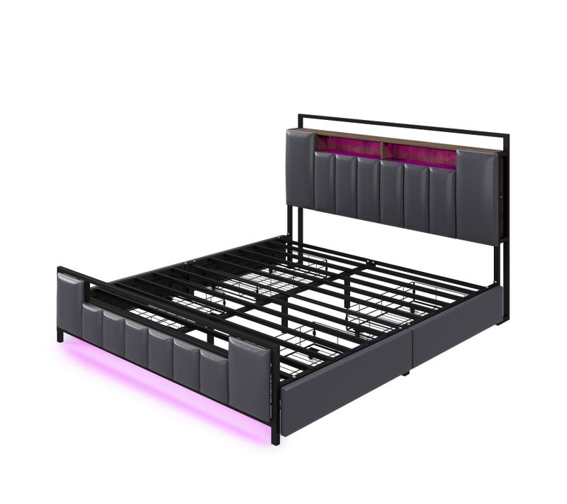 Lit Avec Rangement Lit Deux Place LED, Prise USB, Avec Tête De Sommier 160x200cm Avec Pieds, Gris