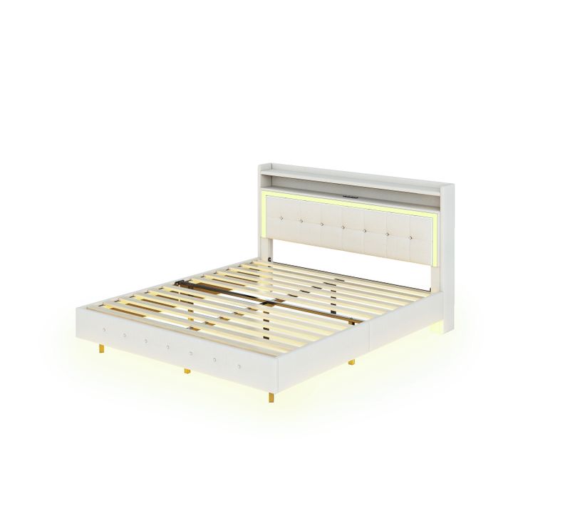 Lit Capitonné 160×200cm, Avec Prise USB Et Éclairage LED, Rangement Chevet, Pieds Cachés, Lin, Beige