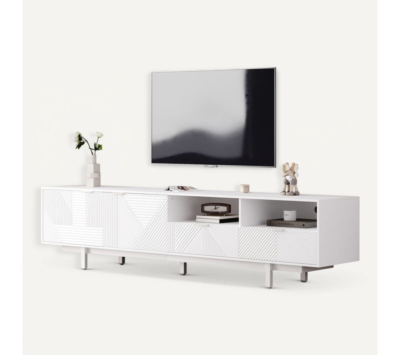 Meuble TV Bas Avec 2 Portes Et 2 Tiroirs, 2 Compartiments Et Pieds En Métal, 200 X 40 X 51 Cm, Blanc