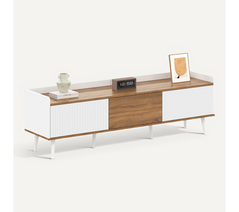 Meuble TV Moderne Avec 3 Portes, Meuble Bas Finition Blanche Et Bois Naturel, 160x39x49.5cm