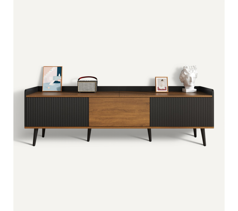 Meuble TV Moderne Avec 3 Portes, Meuble Bas Finition Noire Et Bois Naturel, 160x39x49.5cm
