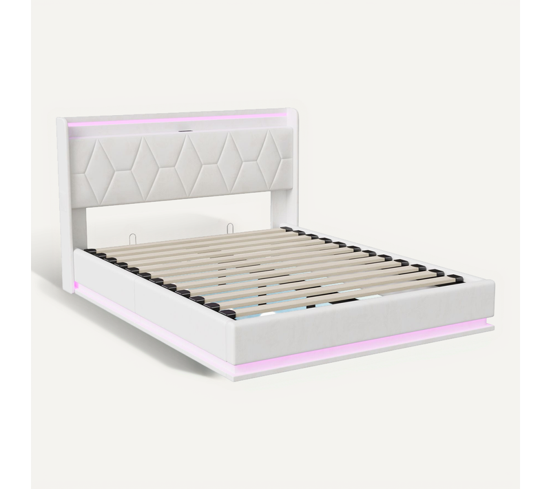 Lit Capitonné 140x200 Cm Avec Rangement, Avec LED Et Ports De Charge USB, Avec Lattes, Blanc