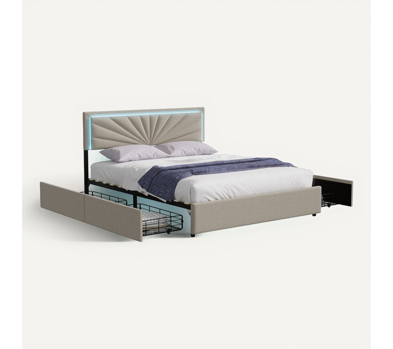 Lit Double 140x200cm Capitonné Avec Sommier, 4 Tiroirs De Rangement, Tête De Lit Éclairage LED,beige