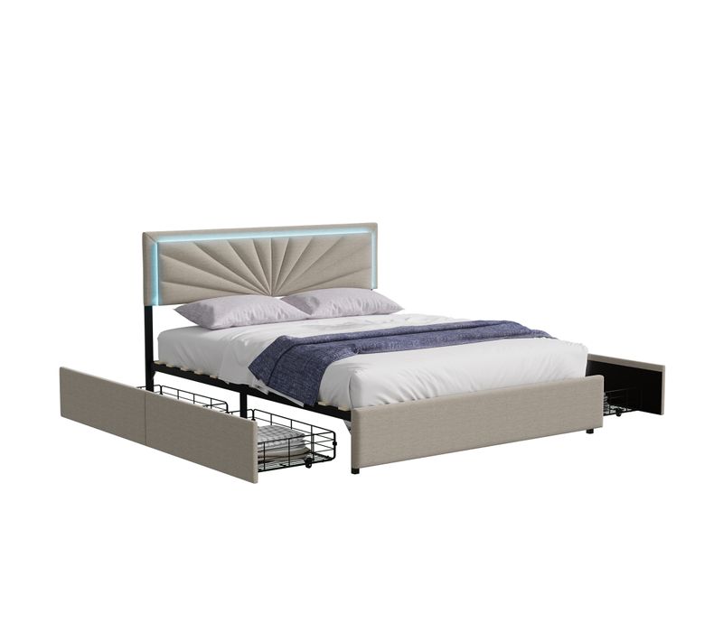 Lit Double 160x200cm Capitonné Avec Sommier, 4 Tiroirs De Rangement, Tête De Lit Éclairage LED,beige