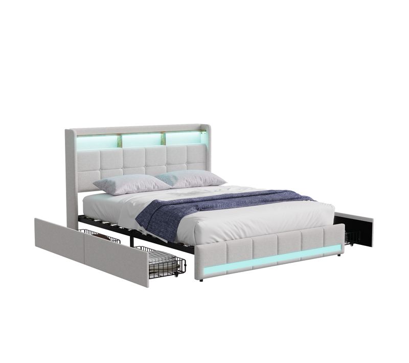 Lit Double 140x200 Cm Avec Sommier, LED Et USB, 4 Tiroirs Et Tête De Lit De Rangement, Lin, Beige