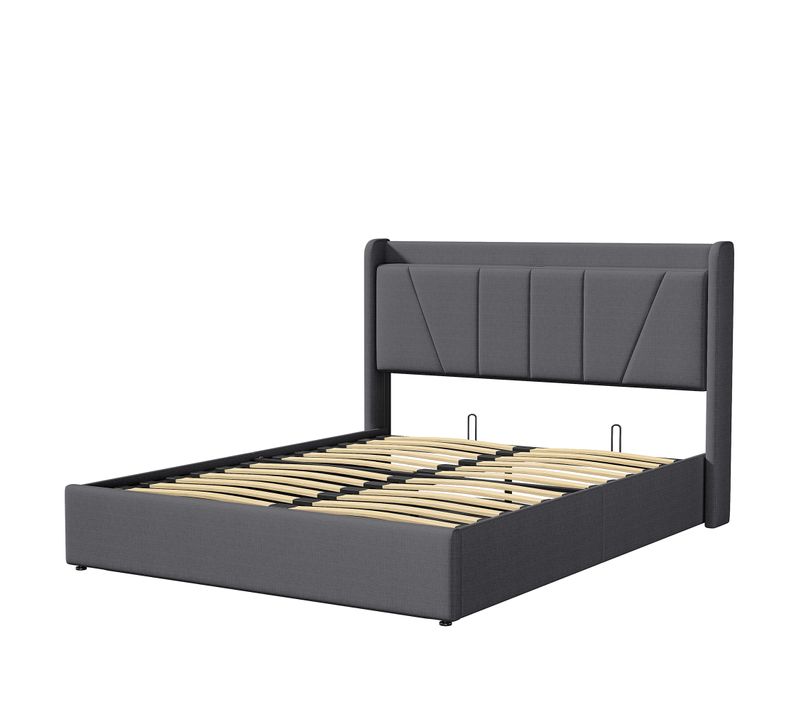 Lit Coffre 140 X 200 Cm Avec Sommier, LED, USB - Espace De Rangement, Gris