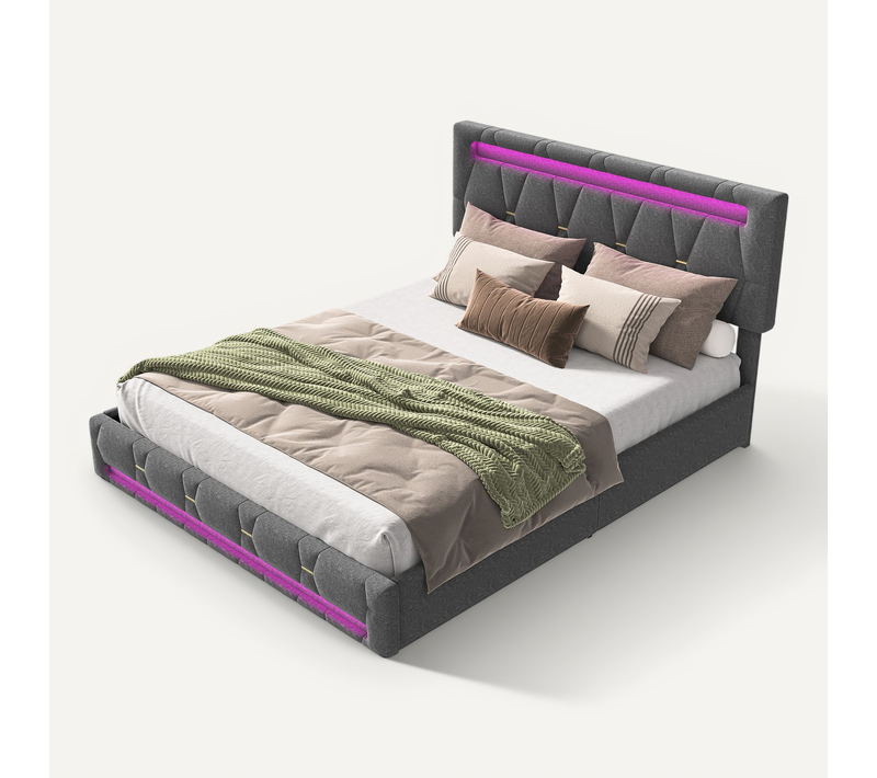 Lit Double Capitonné 160 X 200 Cm, LED, Avec Sommier à Lattes, Rangement, Gris
