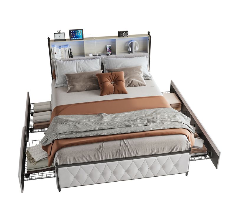 Lit Double Capitonné 180x200cm, Avec 2 USB, Lit LED Avec 4 Tiroirs De Rangement, Velours, Beige