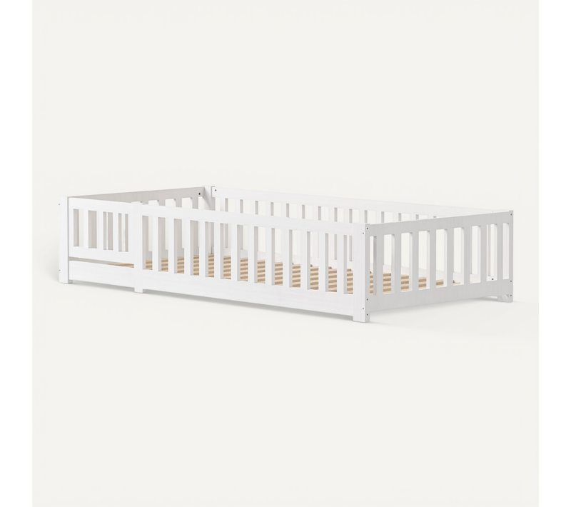Lit Enfant 90 X 200 Cm - En Bois Naturel Avec Barrière Et Sommier - Blanc