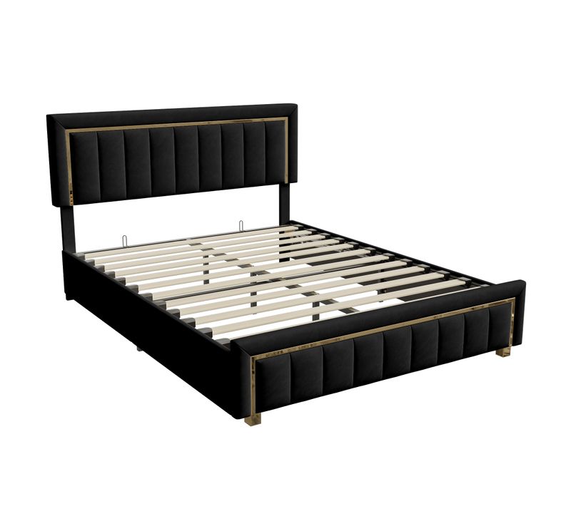 Lit Coffre 140x200 De Rangement Avec Tête De Lit Matelassée, Lits Double Avec Sommier à Lattes, Noir