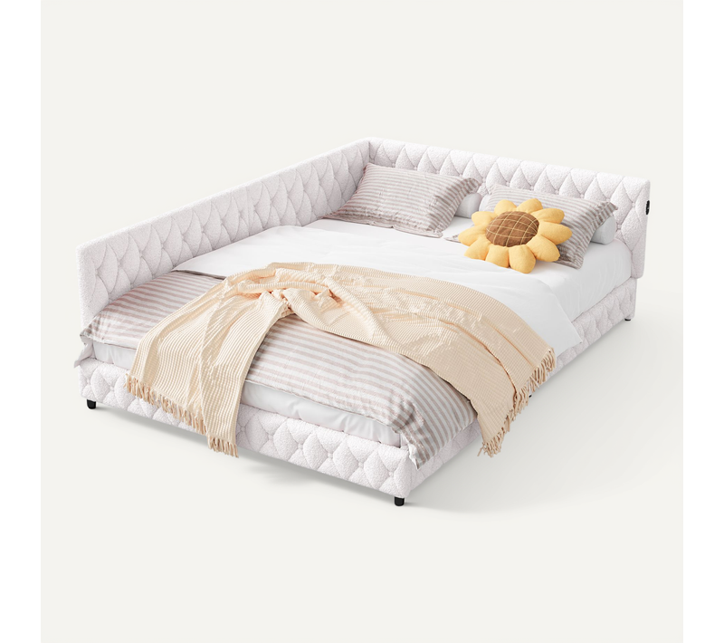 Lit 140x200 Cadre De Lit, Velours Litss Double, Avec LED Et USB, Avec Sommier à Lattes, Beige