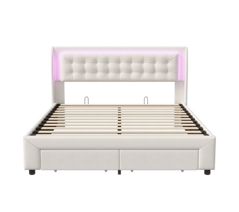 Lit Coffre 160 X 190 - Velours Beige - 2 Tiroirs - Lumières LED Réglables - Dossier Souple