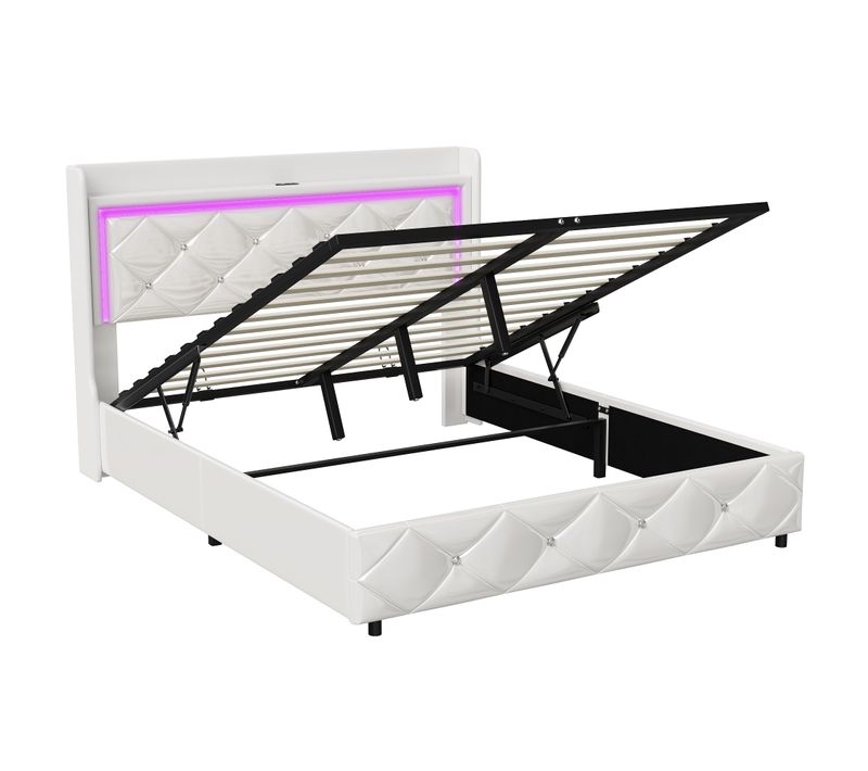 Lit Coffre 160x200 Avec LED, Lit Rembourré Avec USB Et Type-c Cadre De Lit Avec Rangement, Pu, Blanc