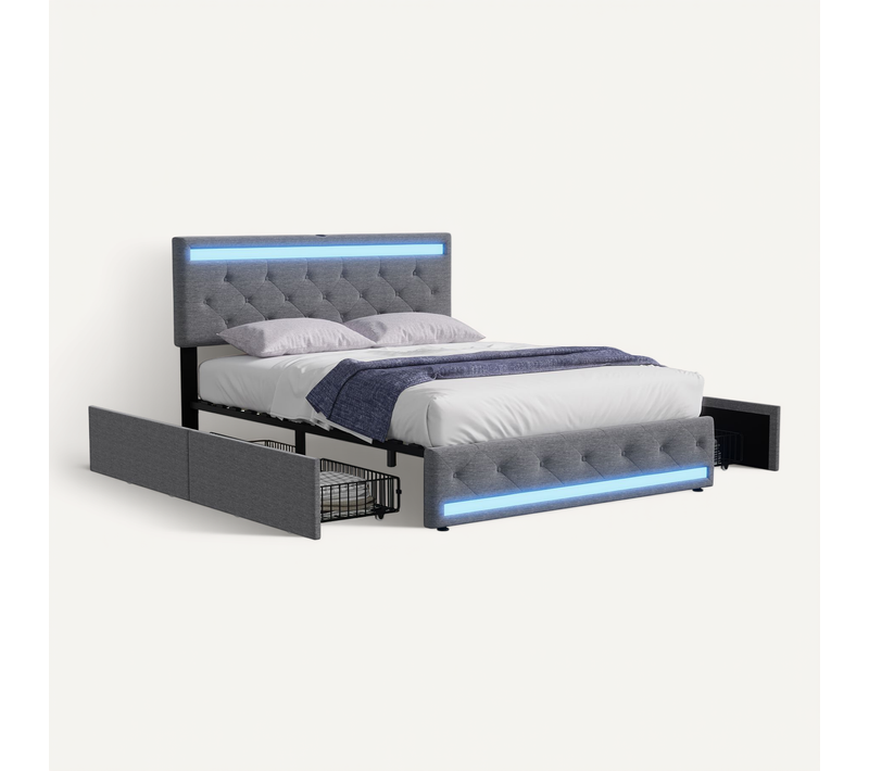 Lit 140x190 Sommier LED Et USB, Lit Double En Lin Avec Tête Et Pied LED, 4 Tiroirs En Métal, Gris