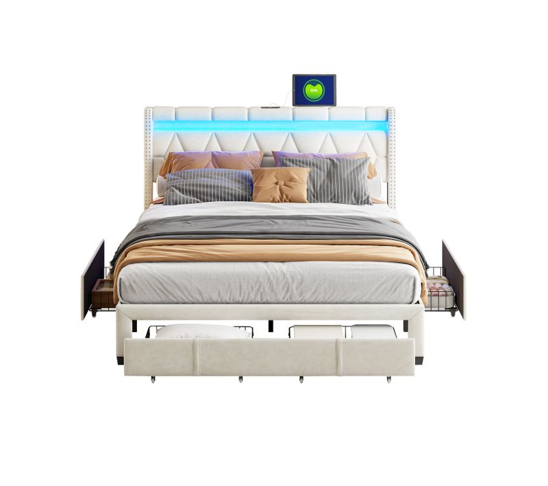 Lit 160 X 200 Avec Tiroirs, Lit Rembourré Avec LED Et USB Cadre De Lit Double Lit Adultes, Beige