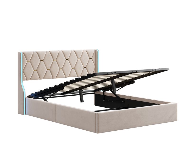 Lit Capitonné 140x190 Cm Avec LED, Lit Double Avec Rangement, Avec Sommier à Lattes, Beige