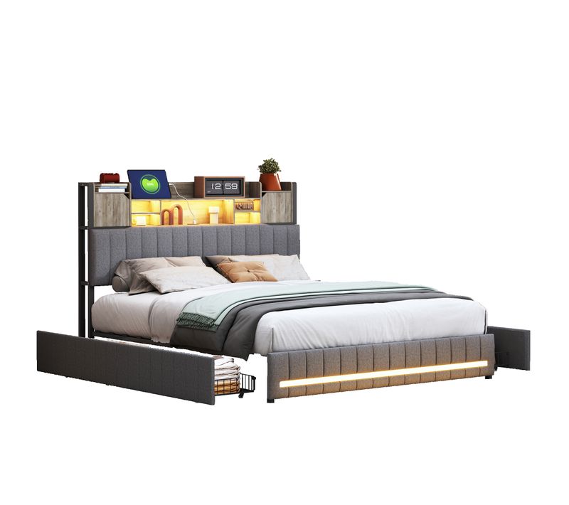 Lit 140x190 Avec LED Et USB, Lit Double Rembourré Avec Sommier à Lattes Et 4 Tiroirs, Lin, Gris