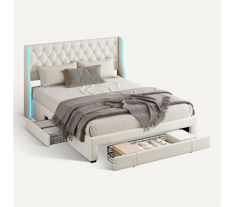Lit Capitonné, 160 X 200 Cm, Lit Double Avec 3 Grands Tiroirs, Tête De Lit Avec LED, Velours, Beige