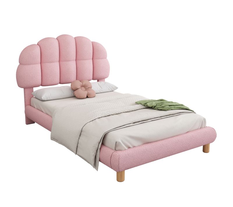 Lit Simple Rembourré Avec Sommier à Lattes En Bois, 90x200cm Lit D'enfan Avec Tête De Lit, Rose