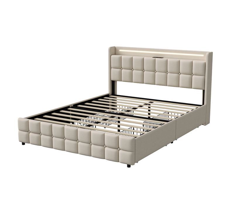 Lit Adulte 140x200 Cm, Lit Double Capitonné Avec 4 Tiroirs Et LED, Prise USB Et Tête, Lin, Beige