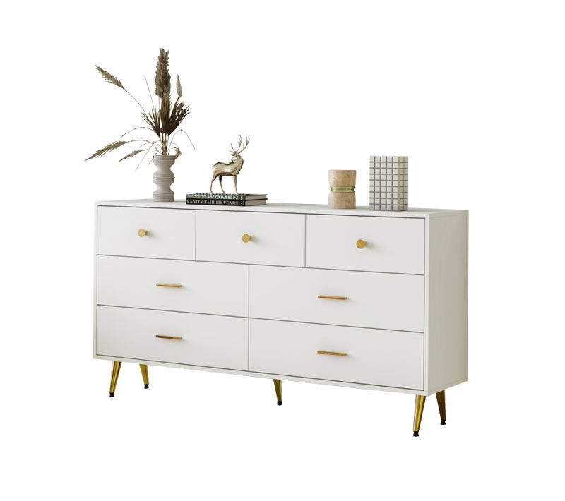 Buffet Blanc Avec 7 Tiroirs, Poignées Et Pieds Dorés, 140x35x76 Cm - Pour Cuisine Et Salon