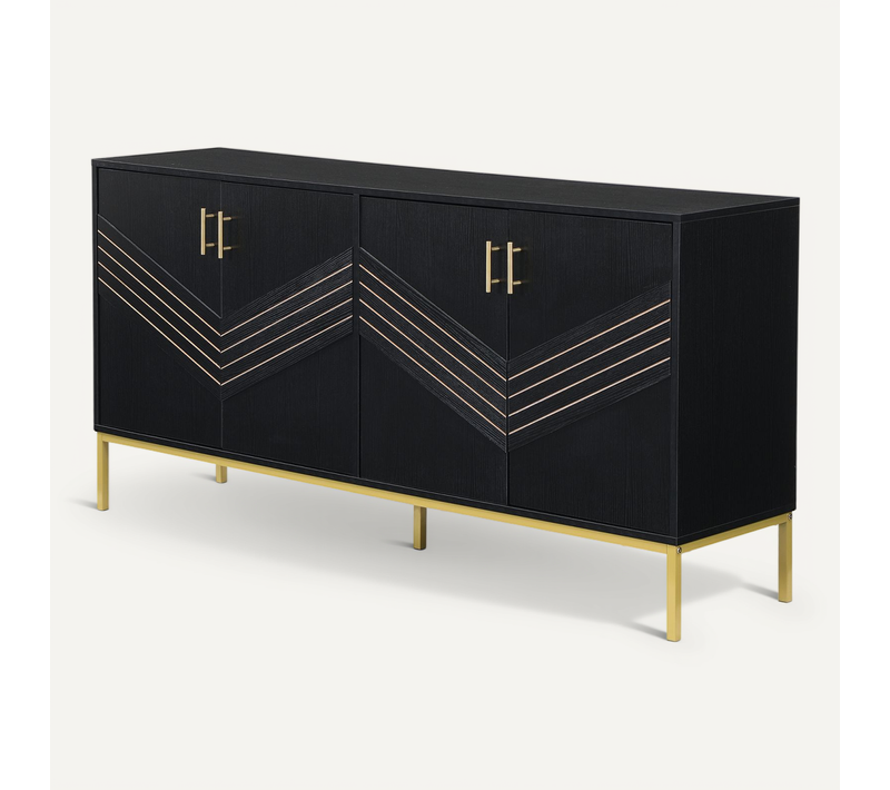 Buffet Moderne 4 Portes En Noir Et Or – Mdf, Pieds Métalliques, Pour Salon Et Salle à Manger