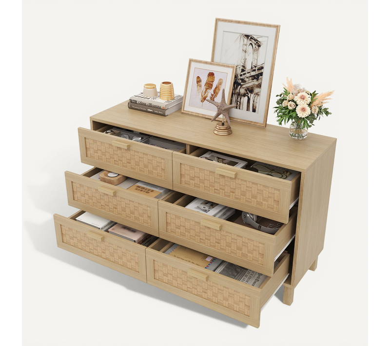 Buffet En Bois Avec 6 Tiroirs En Rotin, Rangement Pour Salon, Chambre Et Salle à Manger, 120x75x40cm