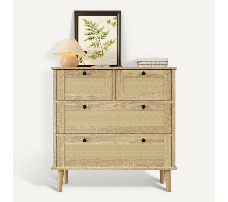 Commode 4 Tiroirs Avec Tiroirs Rotin Et Pieds Bois Massif, 80x80x40cm