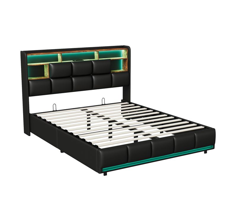 Lit Coffre 160x200cm Avec Sommier, LED Et USB Et Sommier à Lattest, Fonction De Charge, Pu, Noir