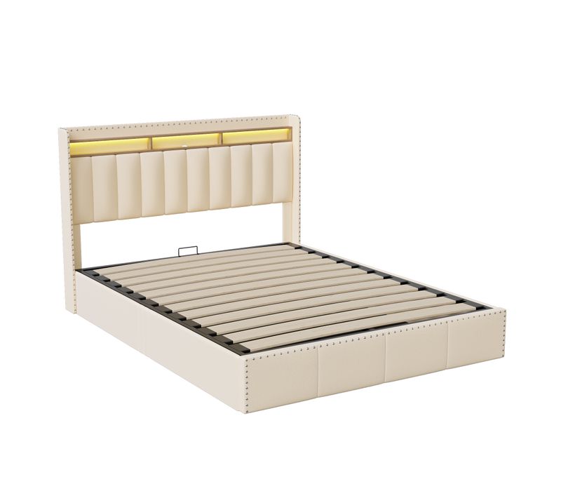 Lit Rembourré 140x200 Cm, Cadre De Lit Avec Éclairage LED, Tête De Lit Avec Rangement,velours,beige