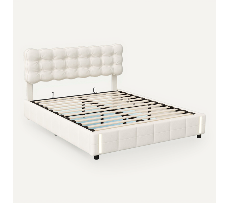 Lit 140x200cm Avec Lumière LED à Capteur Automatique,lits Capitonné Avec Rangement,velours,beige