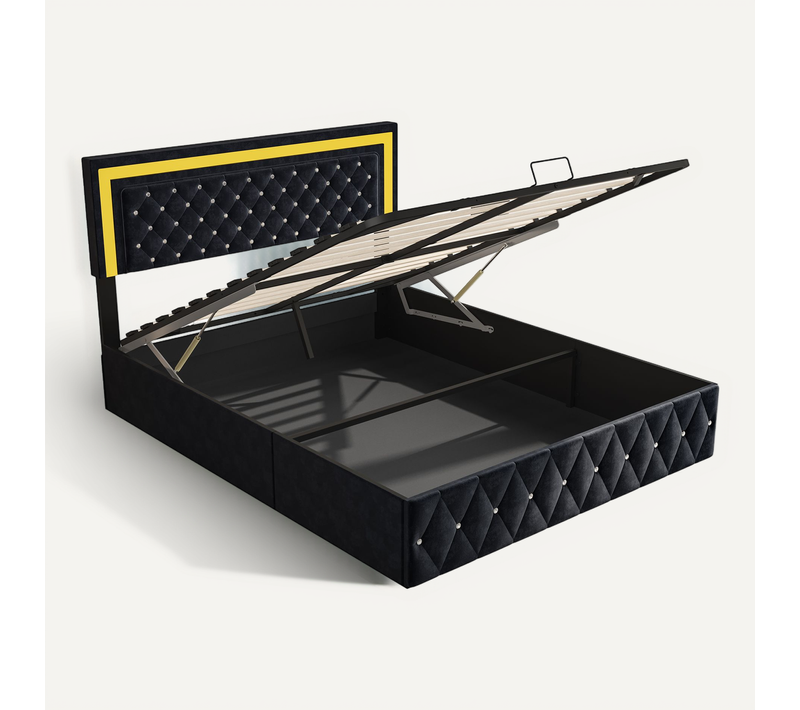 Lit Coffre 160x200 Cm Avec LED Et Rangement,lit 2 Personnes Avec Tête De Lit Réglable,velours,noir