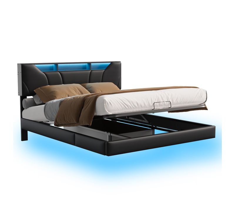 Lit Coffre Capitonné 140x200cm Avec Sommier à Lattes,cadre De Lit Flottant Avec Lumineuse LED,noir