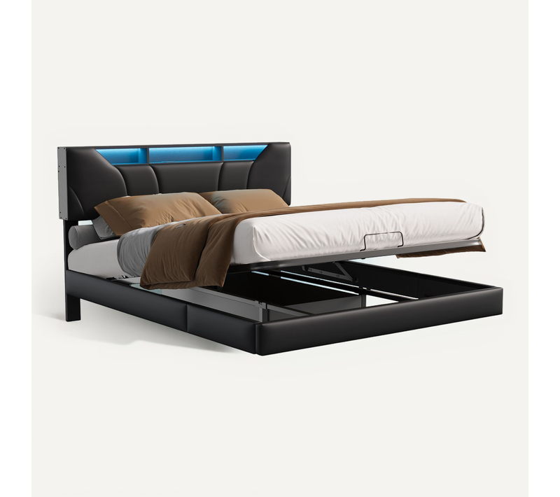 Lit Coffre Capitonné 160x200cm Avec Sommier à Lattes,cadre De Lit Flottant Avec Lumineuse LED,noir