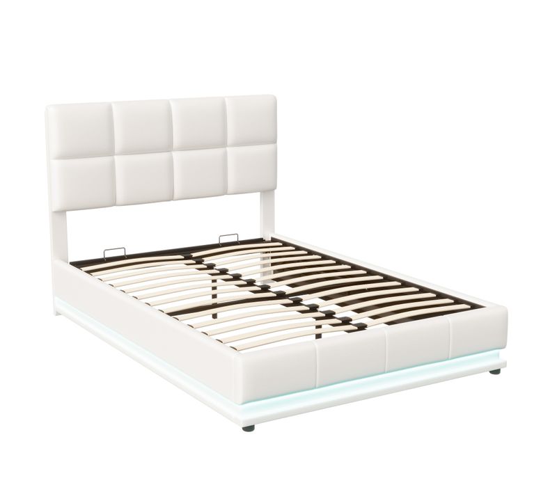 Lit Double Rembourré 140x200 Cm Avec Éclairage LED, Lit Avec Sommier Et Rangement, Pu,blanc
