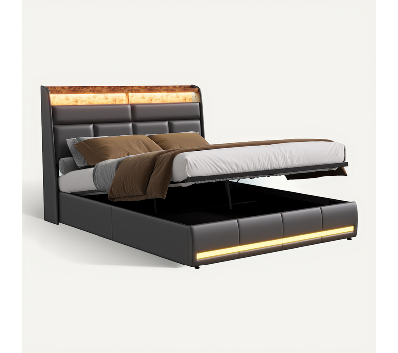 Lit Coffre160 X 200 Cm Avec Sommier LED Et USB, Lits Rembourré Cadre De Lits Avec à Lattes,pu,noir