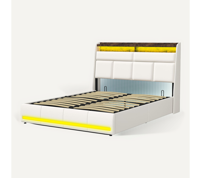 Lit Coffre140 X 200 Cm Avec Sommier LED Et USB, Lits Rembourré Cadre De Lits Avec à Lattes,pu,blanc