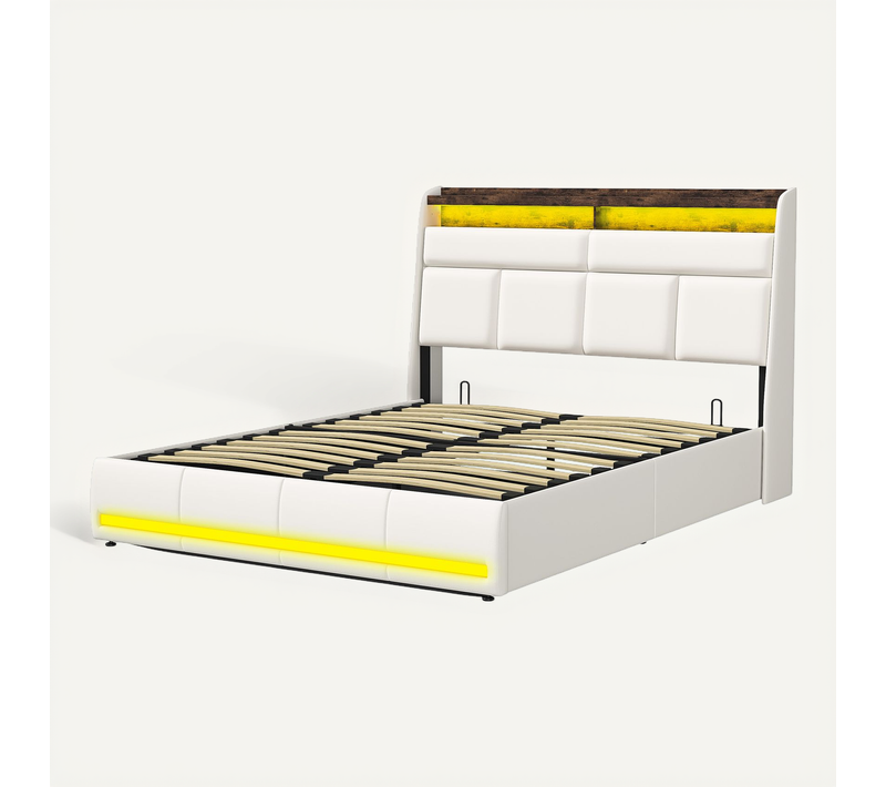Lit Coffre160 X 200 Cm Avec Sommier LED Et USB, Lits Rembourré Cadre De Lits Avec à Lattes,pu,blanc