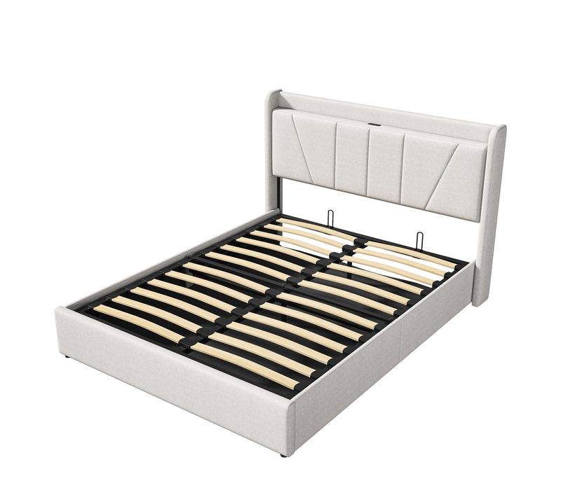 Lit Double Rembourré 140 X 200 Cm, Avec Espace De Rangement, Cadre De Lit Avec USB/type C, Beige