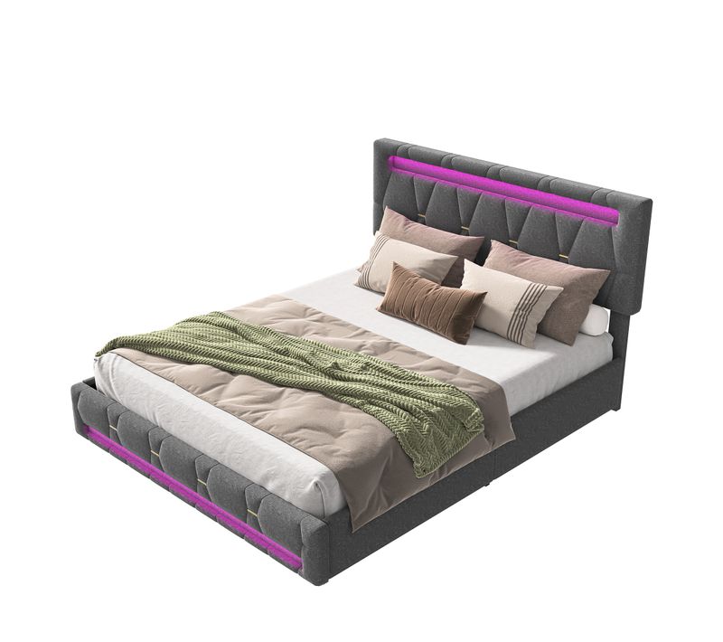 Lit LED 160 X 200 Cm, Avec 4 Tiroirs, Lit Double, Tête De Lit Réglable, Lits De Rangement, Lin, Gris