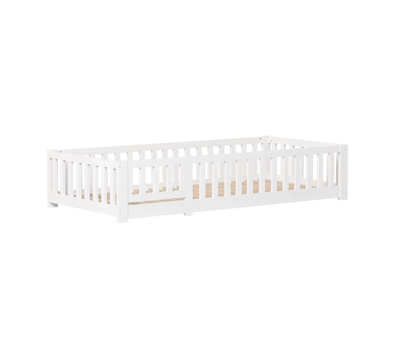 Lit Enfant 90x200 Cm, Lit De Sol Avec Clôture Et Porte, Barriere De Securite Enfant Lit, Blanc