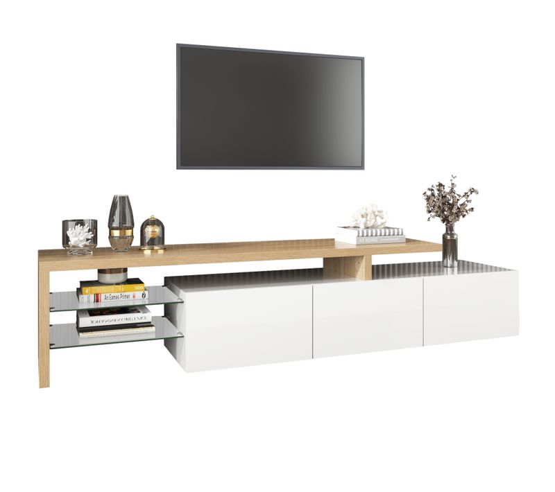 Meuble TV 197 Cm Avec LED, 3 Portes Et Étagères En Verre, Meuble Télé Longueur Pour Salon, Blanc