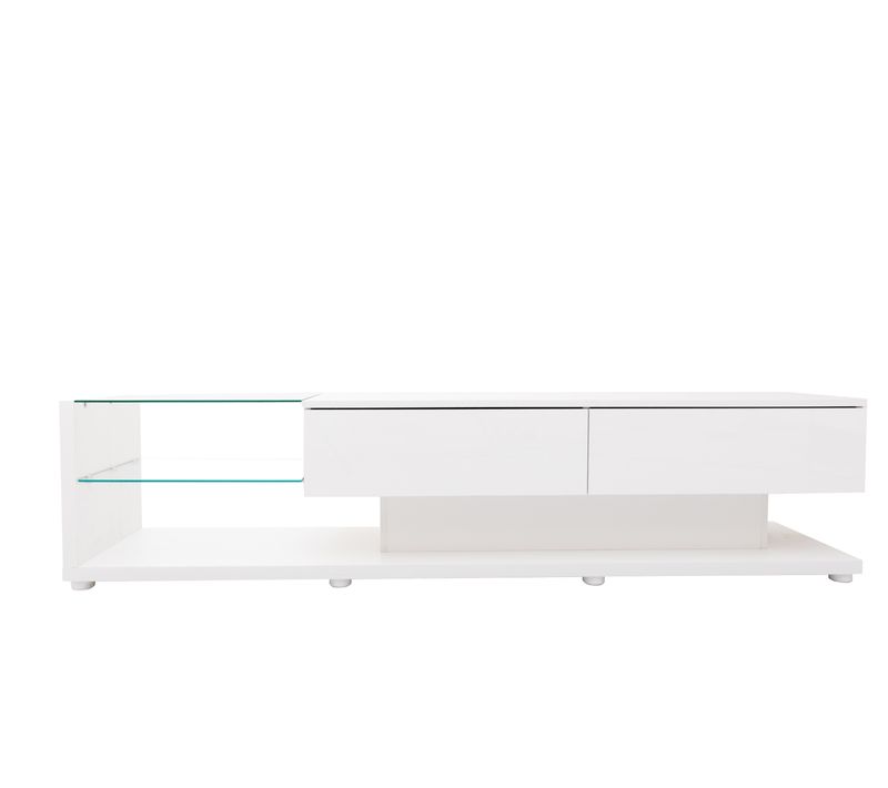 Meuble TV Bas Avec LED, Avec Support En Verre Et 2 Grands Tiroirs, Pour Salon, Salle à Manger, Blanc