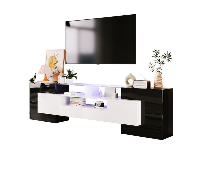 Meuble TV 200 Cm, Avec LED, Meubles De Salon, Design Moderne, Surface Élégante En Verre, Noir