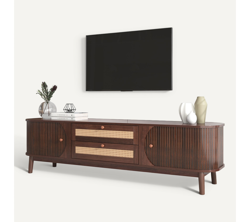 Meuble TV Bois 170cm, Massif Et Rotin, Porte Coulissantes E Tiroirs, Banc TV Avec Rangement, Marron