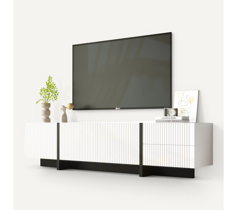 Meuble TV Blanc Avec Plusieurs Rangements, Moderne Mat Vertical, Lignes Noir, 190 X35x45cm, Blanc