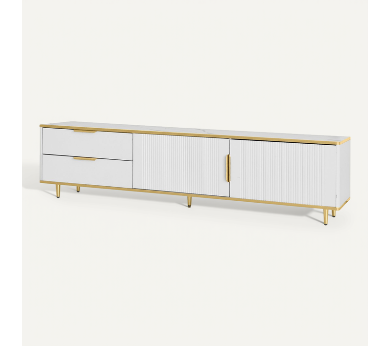 Meuble TV Bas Blanc Avec Deux Tiroirs Et Portes, Pour Salon, Chambre à Coucher, Blanc, 175x40x45cm