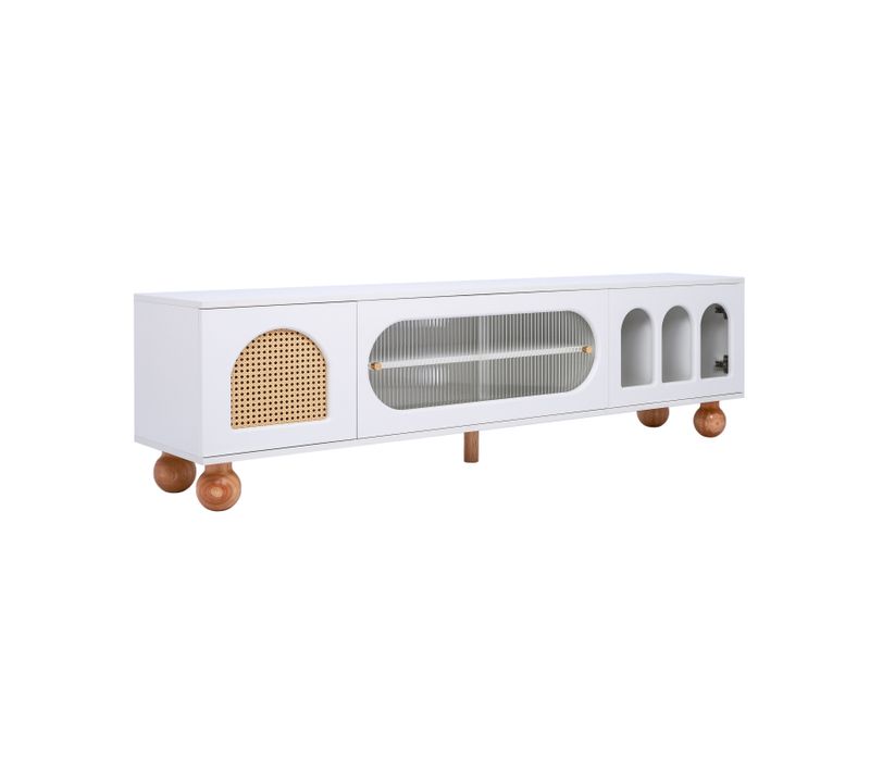 Meuble TV Bas Avec Porte En Rotin Et Porte Coulissante En Verre Pour Salon Et Salle à Manger, Blanc