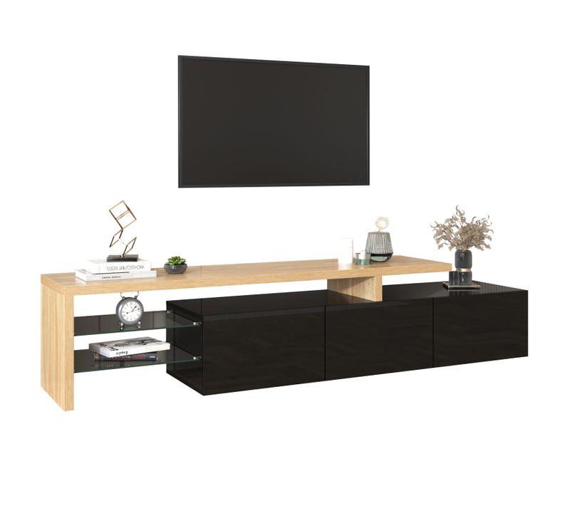 Meuble TV Avec 7 Couleurs LED, 3 Portes Et Étagères En Verre, Meuble Télé Longueur Pour Salon, Noir