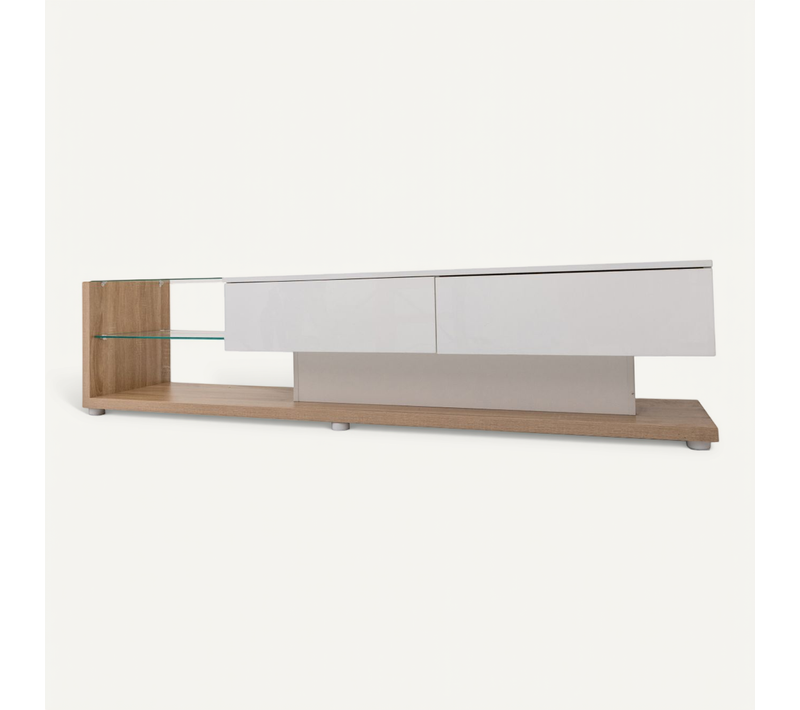 Armoire TV Blanche Avec Tiroirs, Buffet TV Avec LED Et Étagères En Verre, Meuble TV Pour Salon